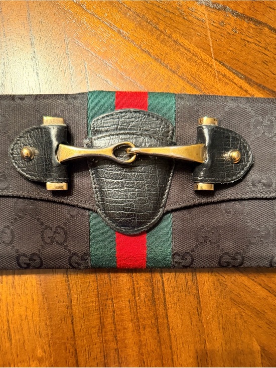 Gucci Handbags - Vintage and well loved Gucci Black GG Canvas Wallet Gold Horsebit